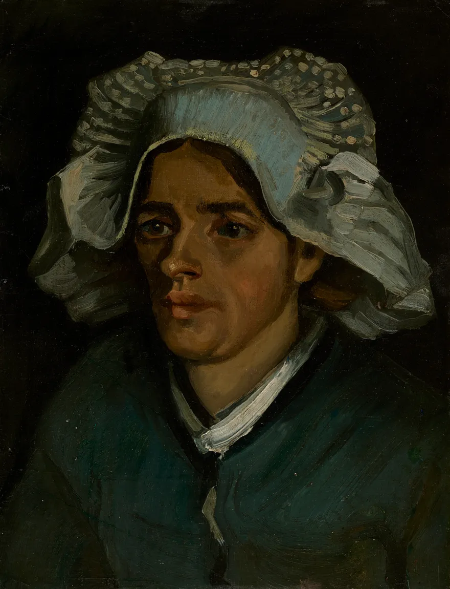 Head of a Peasant Woman with White Cap, Nuenen, 1885: oil on canvas laid on card, under fifty centimetres tall, in the earths he was using before Paris. He painted a run of these heads through that winter as the working material for The Potato Eaters. In 2022 the National Galleries of Scotland x-rayed this one and found a self portrait on the back of the canvas.