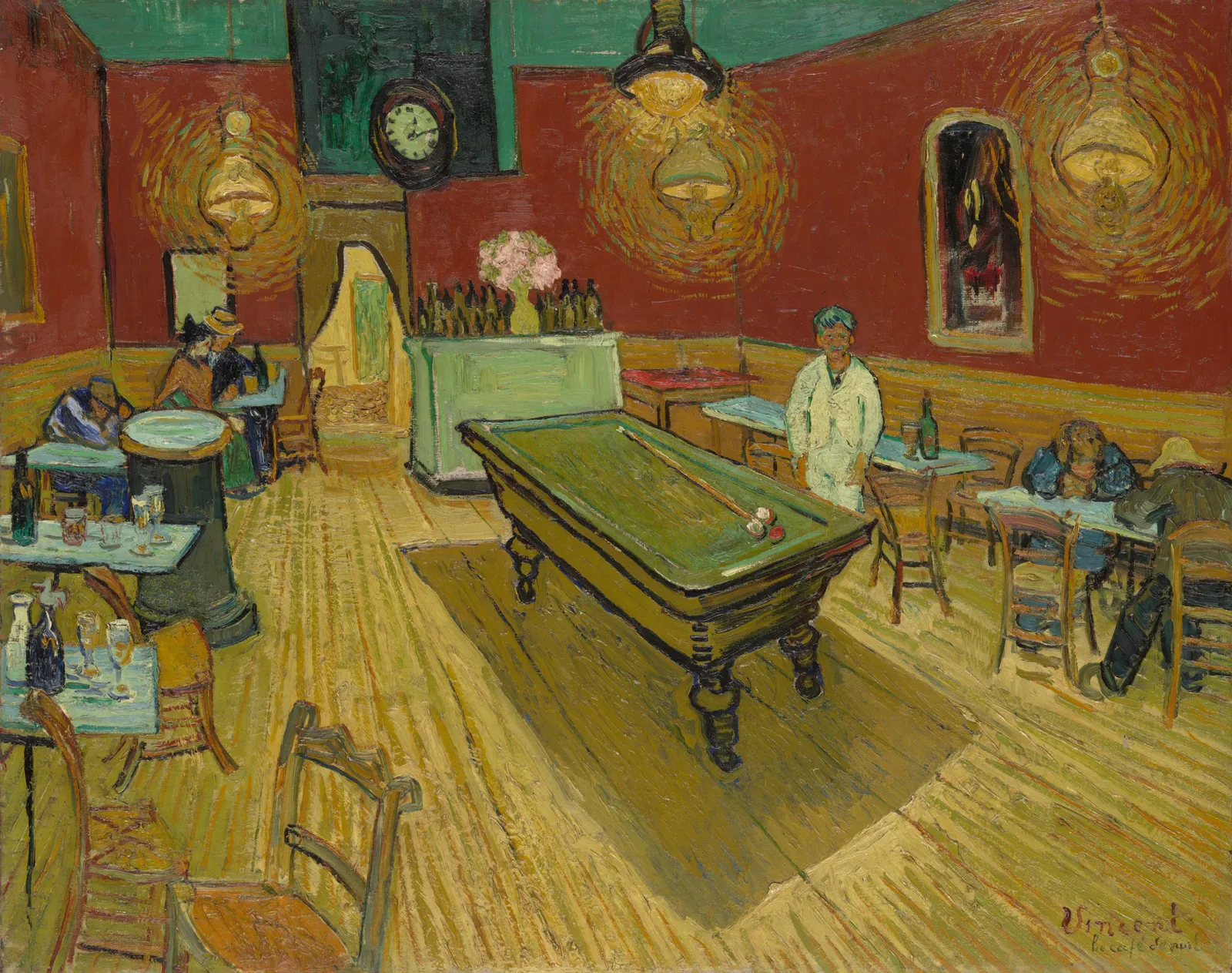 The Night Cafe, painted over three nights in September 1888 on a canvas seventy two by ninety two centimetres. Red wall against green ceiling, green billiard table on a yellow floor, four gas lamps ringed in orange. He listed it to Theo as blood red and dull yellow with a green billiard table, and called it everywhere a battle and an antithesis of the most different greens and reds.