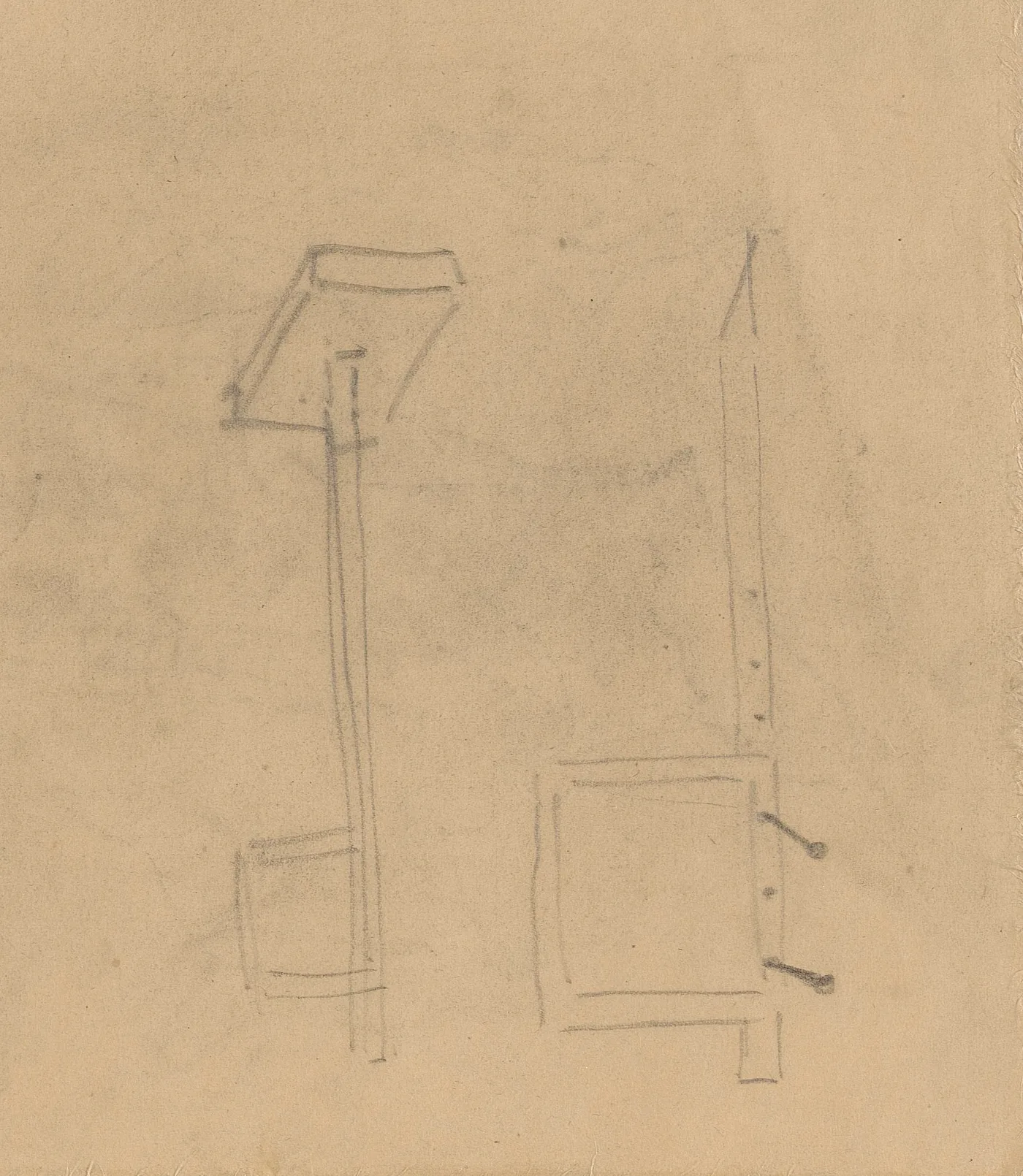 Two small pencil studies of the perspective frame, on a sheet in the Van Gogh Museum the catalogue dates to Auvers in 1890, eight years after he had the first one made. He is still working out the joint: the frame head sitting on its post at the left, the leg and its stake at the right. The whole sketch is about twelve centimetres tall, in faint pencil, drawn to be used and not to be looked at.