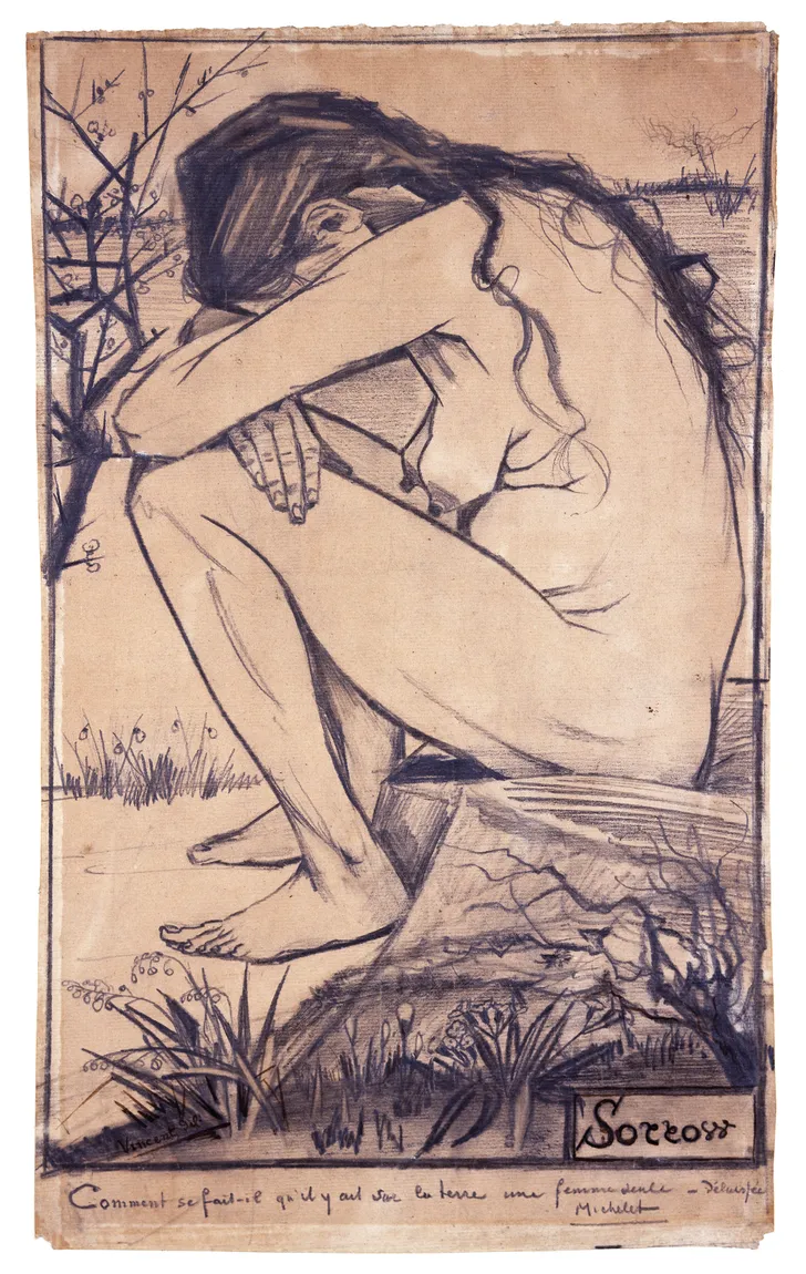 Sorrow, black chalk, about April 1882, on a sheet forty four centimetres tall. The model was Clasina Hoornik, who was living with him. He made three versions at once by laying two spare sheets under the first study and working up the pressed impressions, sent Theo the one he thought the best figure he had drawn, and kept the other two. The sent one is lost. This is one that stayed with him.