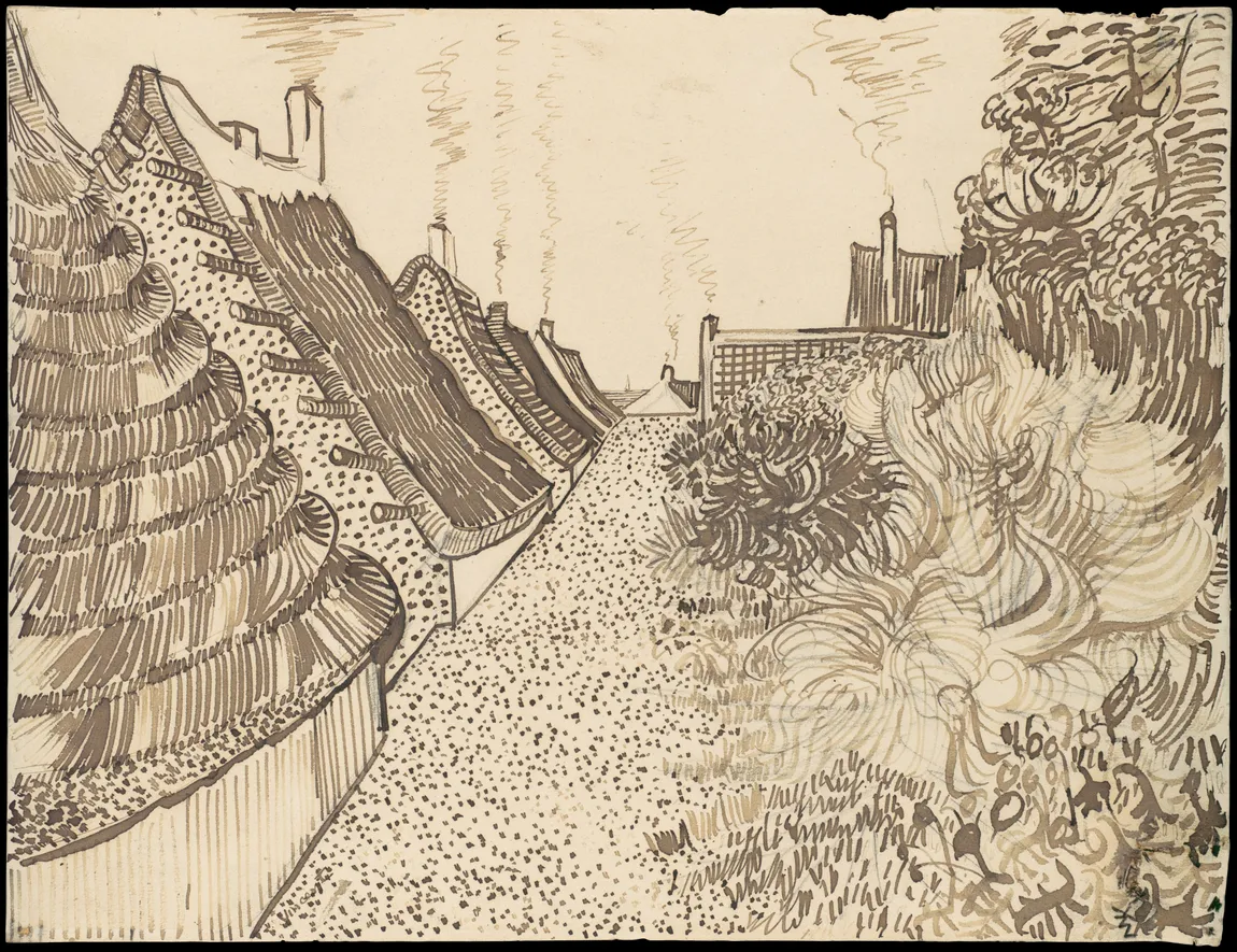 Street in Saintes Maries de la Mer, made on the Mediterranean coast in about the middle of July 1888 on a sheet twenty four by thirty two centimetres, in reed pen and quill and brown ink over graphite. The bare paper is doing the sunlight, and every dark is a cluster of separate strokes rather than a wash.