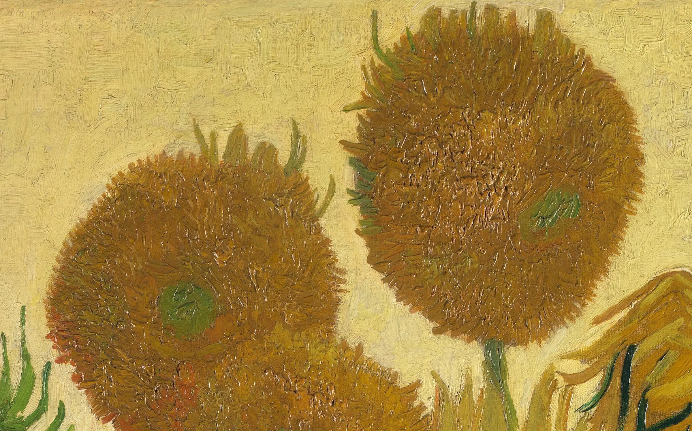 Detail of the London Sunflowers: the seed heads are built in paint thick enough to stand off the canvas and hold the shape of the bristle, and the petals are drawn with the loaded brush rather than filled in afterwards. The ground behind is a slightly cooler yellow, so the whole picture is working inside one colour and the drawing is done by thickness.