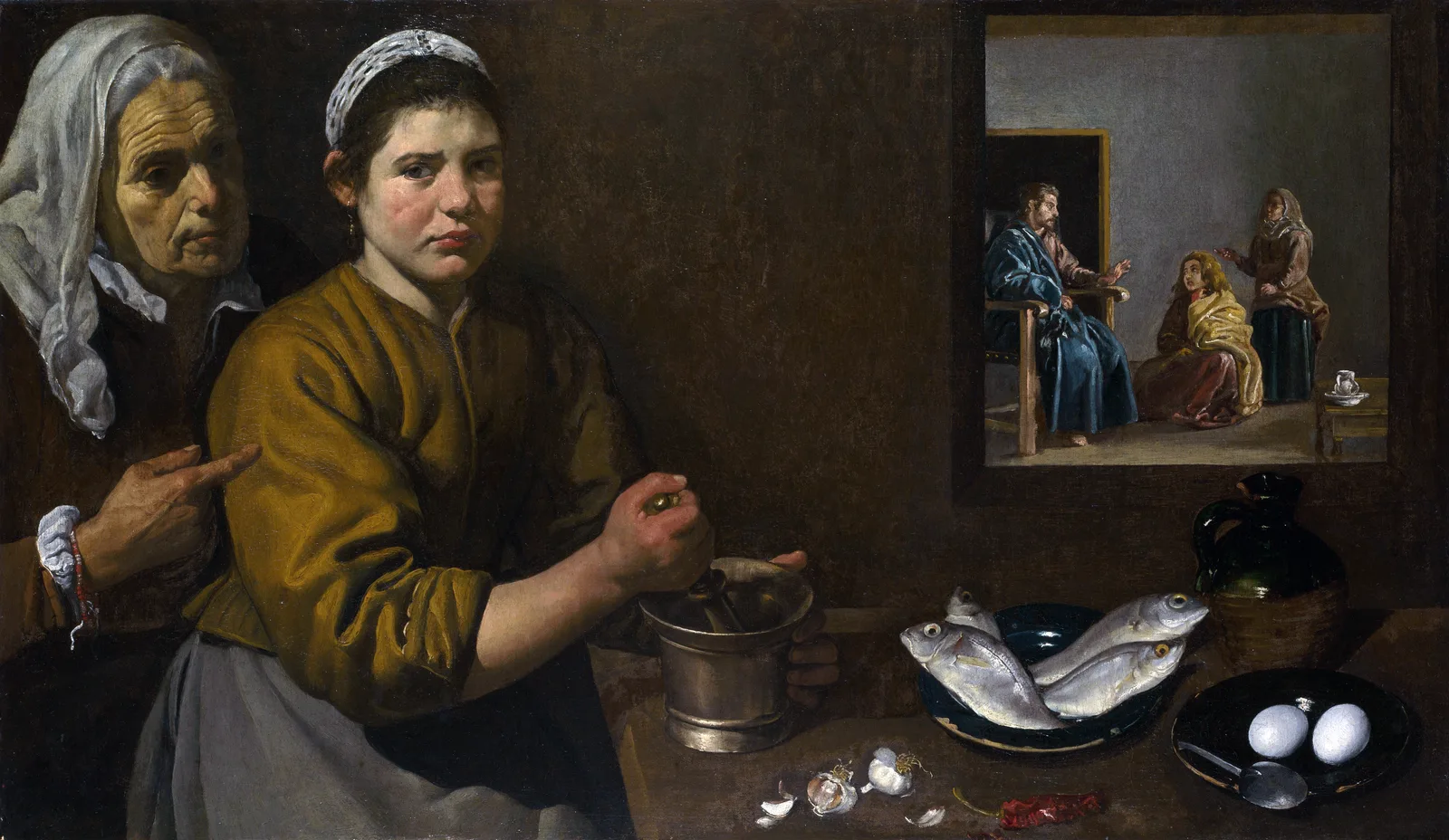 Christ in the House of Martha and Mary, from the Seville years: a kitchen maid and a still life of fish, eggs, and garlic painted from life at close range, with the religious scene set small and far behind. Under Pacheco the training was to paint the pots and the faces in front of you first.