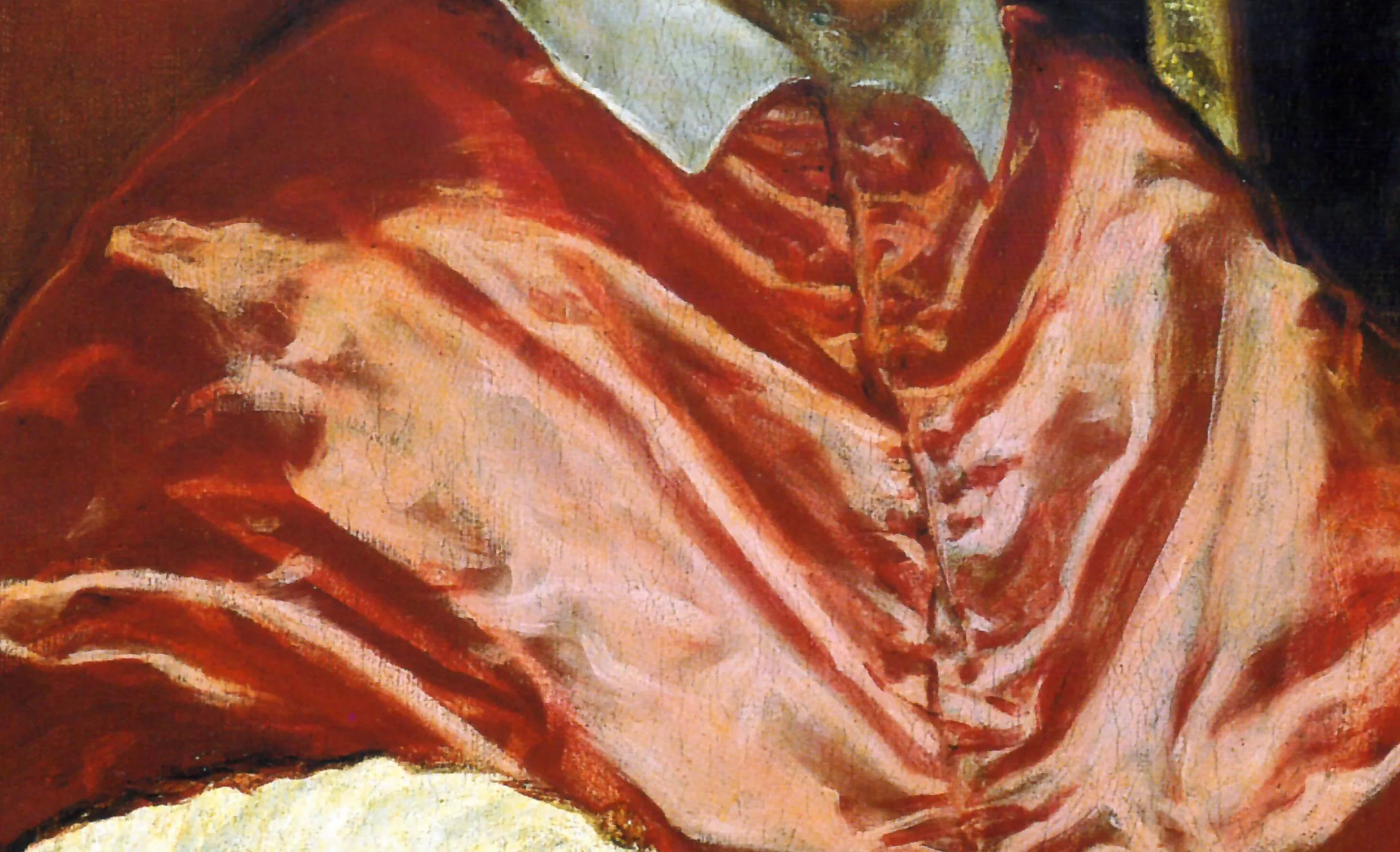 Detail of Portrait of Innocent X: the watered silk of the cape is not drawn and filled but struck in, loose strokes of rose, white, and deep red laid side by side that resolve into shimmering silk only when you step back.