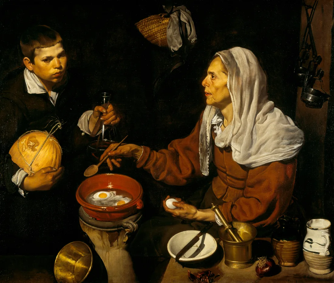 Old Woman Frying Eggs, painted at about nineteen in Seville: a whole picture made from a few plain things in a raking light, the bodegon discipline that taught him to paint what stood in front of him.