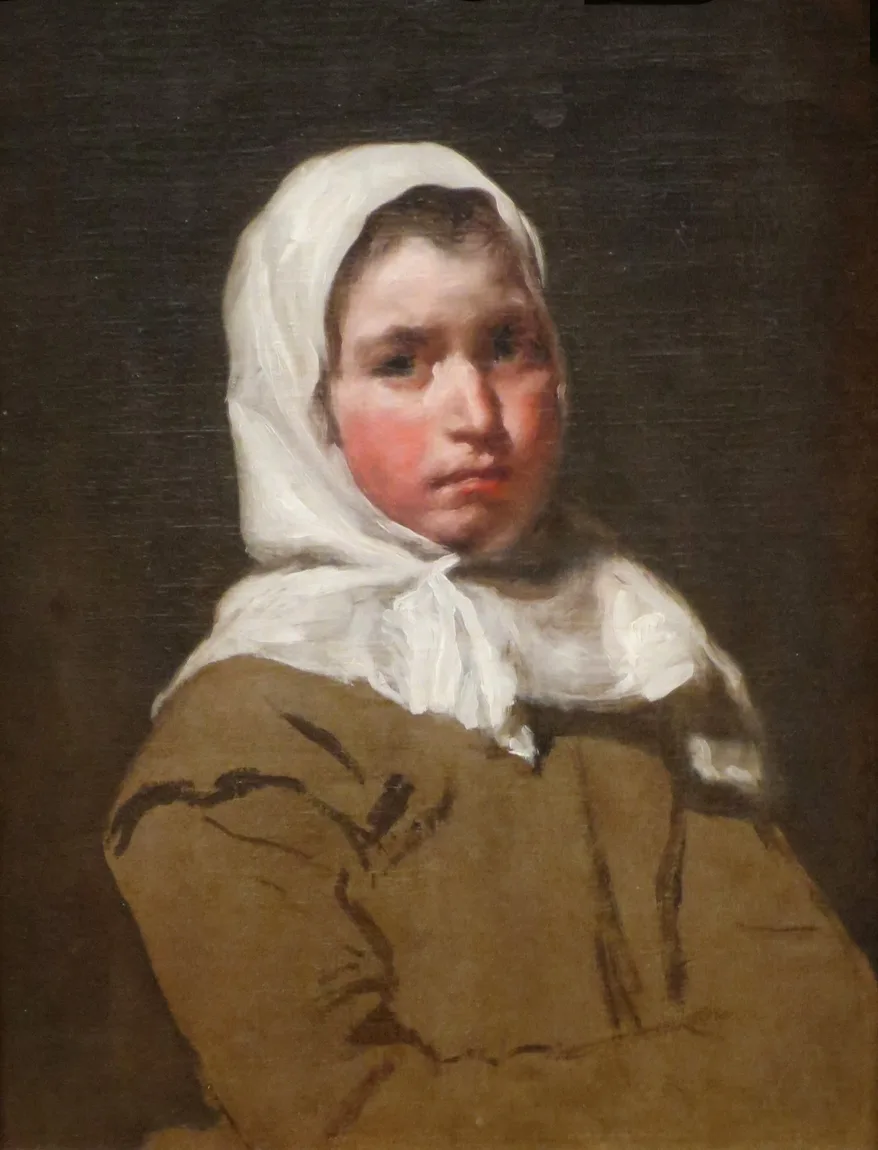 Peasant Girl, left unfinished: the head is carried to a finish while the smock is still only a few brown contour lines over the bare ground. One canvas that shows both ends of his process at once, the block-in and the finish.