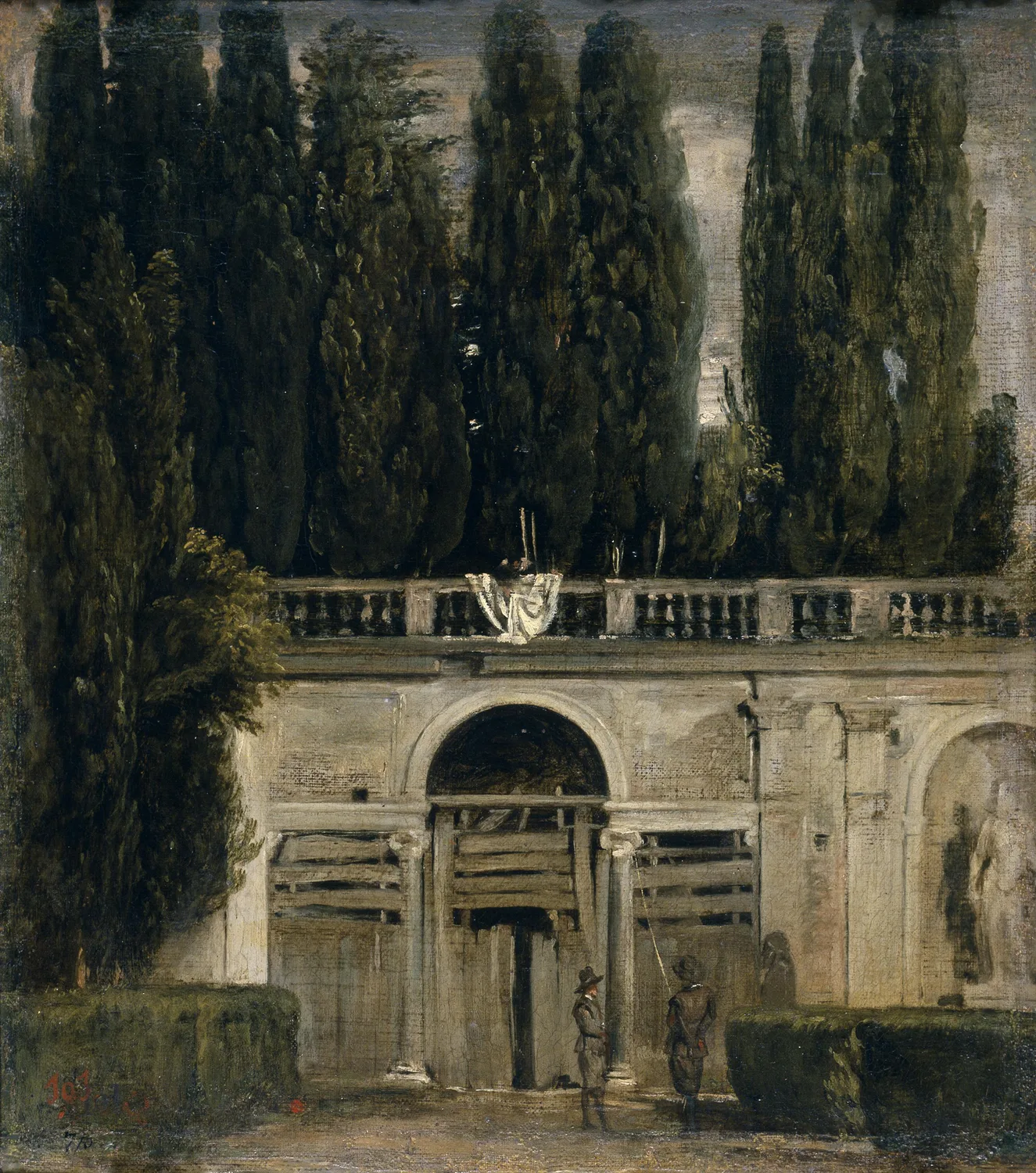 View of the Garden of the Villa Medici in Rome, painted outdoors on the first Italy trip: cypresses and a stone loggia laid in thin and quick, the kind of direct study from nature that loosened his hand for the late manner.