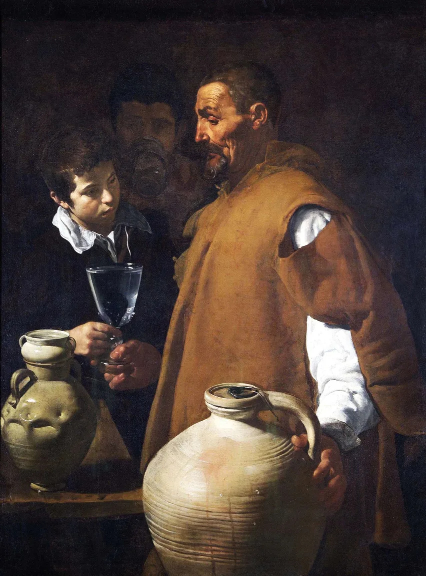 The Waterseller of Seville, another early bodegon: the rough glazed jug, the bead of water on its side, and the clear glass all studied from life, the tight dark manner of the years before Madrid and Italy.