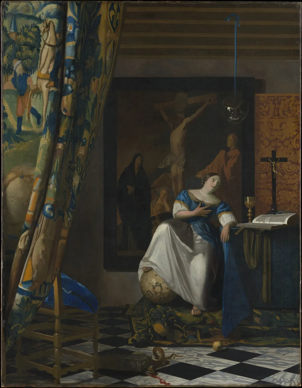 Allegory of the Catholic Faith, one hundred and fourteen by eighty nine centimetres, from the last years. A commissioned religious allegory with a glass sphere hung from the ceiling, a snake crushed under a cornerstone and a woman with her foot on a globe. The quiet rooms are what he is known for. This is also him.