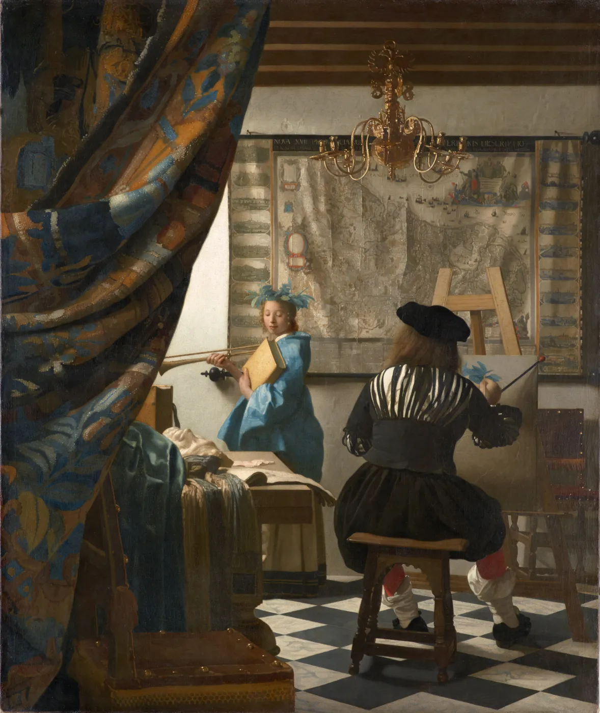 The Art of Painting, about a metre and a fifth high: the room itself is the subject. The heavy curtain pulled back on the left, the map of the Netherlands on the back wall, the brass chandelier, the plaster cast and the book on the table, and a painter at a small canvas who has begun at the top of the model's head. It is not in the household inventory taken after his death.