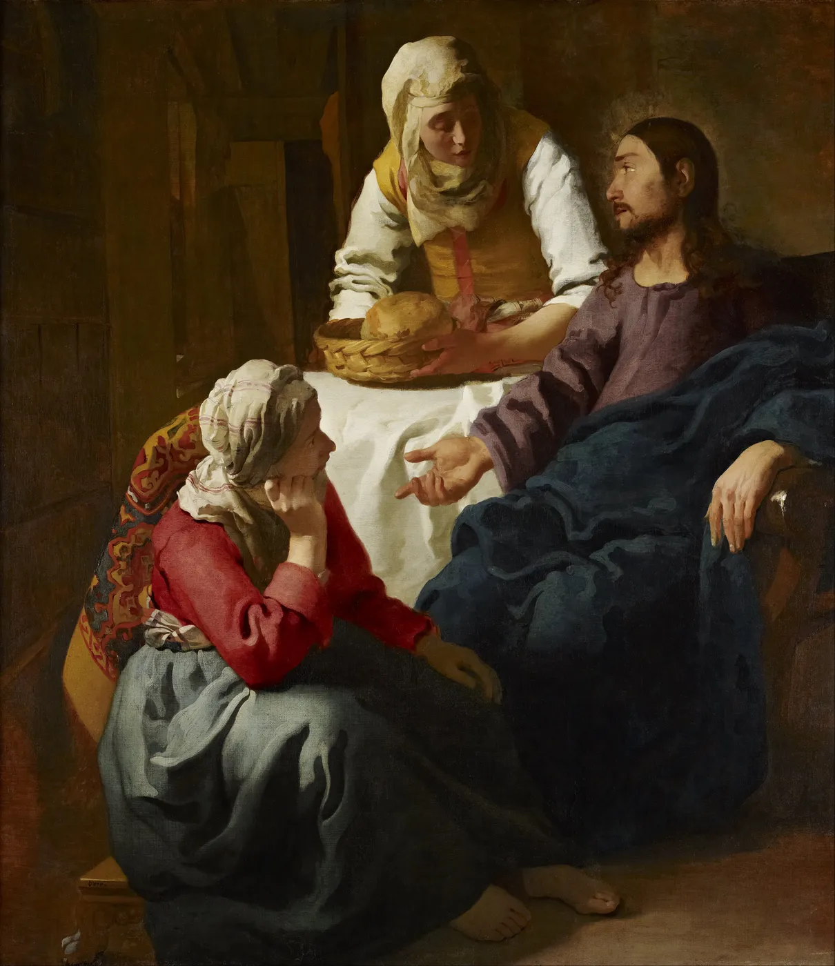 Christ in the House of Martha and Mary, about a metre and a half high, the largest canvas that survives and one of the earliest. Big figures, a borrowed Italian manner, thick loose paint in the sleeves and the cloth. Almost nothing here is the painter of the small quiet rooms except the white of the tablecloth and the light coming from one side.