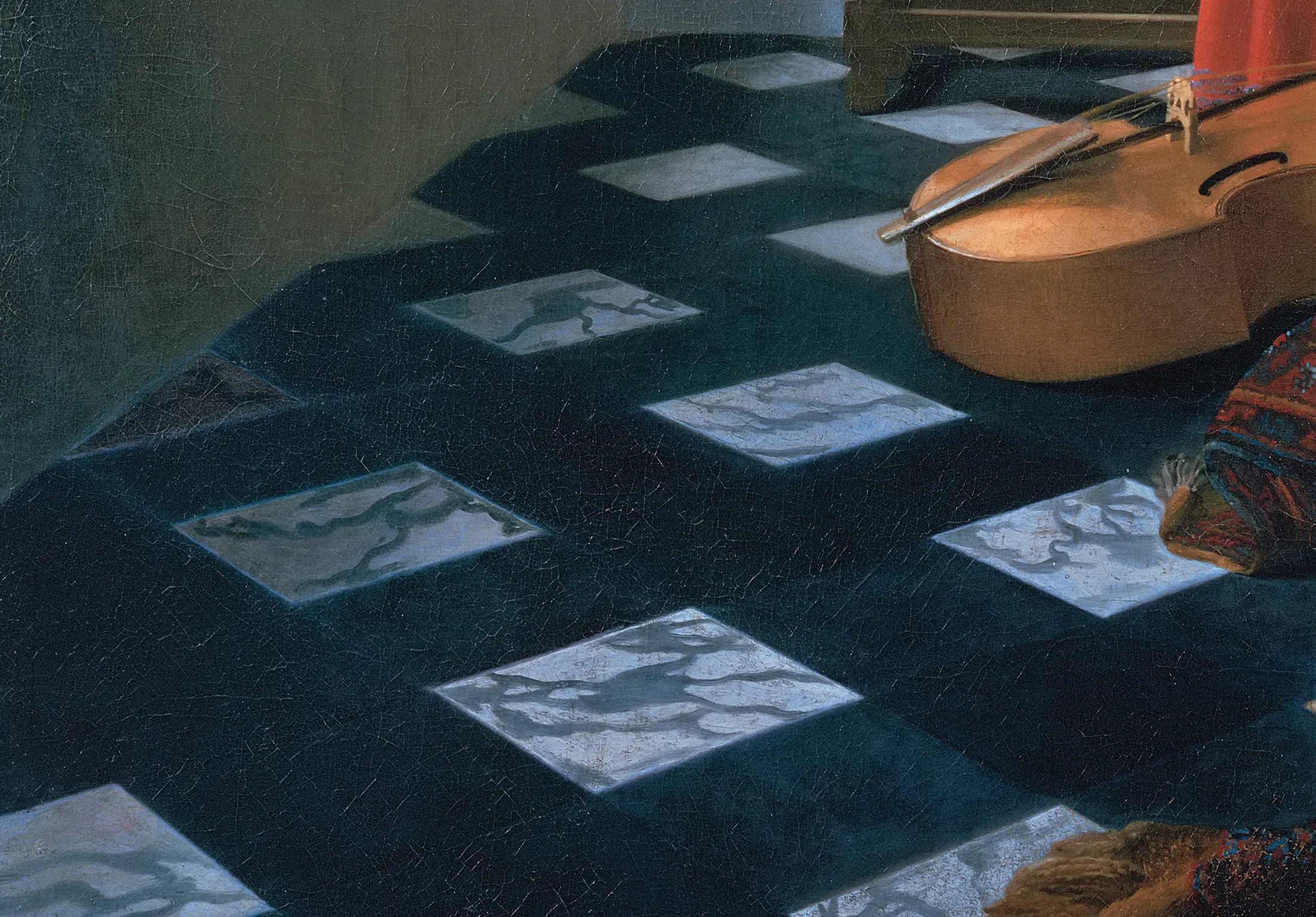 Detail of the floor in The Music Lesson: the tiles run back on lines that all converge on the one point up in the woman's sleeve, and the veining inside each pale tile is drawn smaller and greyer the further away it gets. The dark tiles are not black. They are the same cool blue grey as the shadow in the rest of the room.