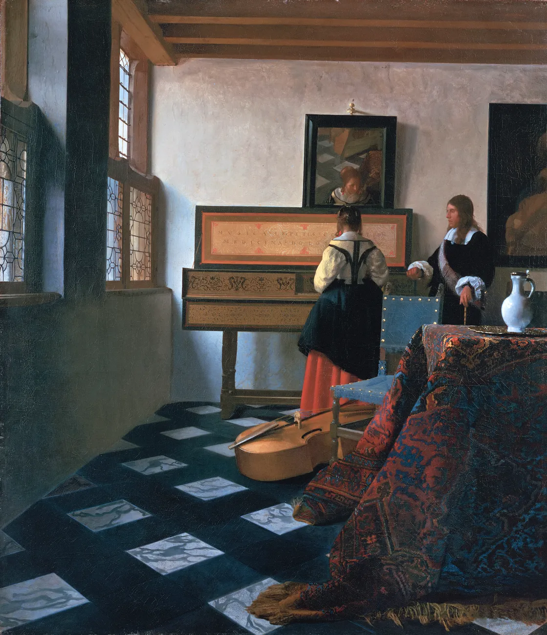 The Music Lesson, a canvas about seventy three centimetres high, in the Royal Collection. Every line running back into the room, the ceiling beams, the window frames, the edges of the floor tiles, meets at one point in the sleeve of the woman at the keyboard. That is where the pin went into the canvas, and the hole is still in the paint.