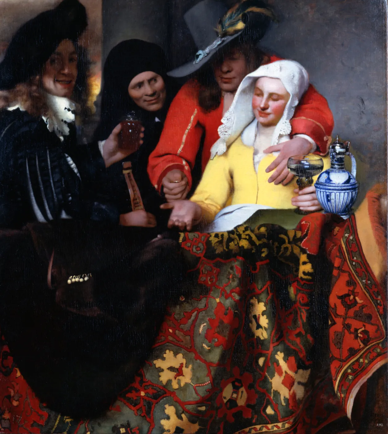 The Procuress, 1656, the first picture he signed and dated. It is one hundred and forty three by one hundred and thirty centimetres, still large, still a crowded scene, but the subject has come indoors and into his own century. Within a few years the figures drop to one or two and the canvases get small.
