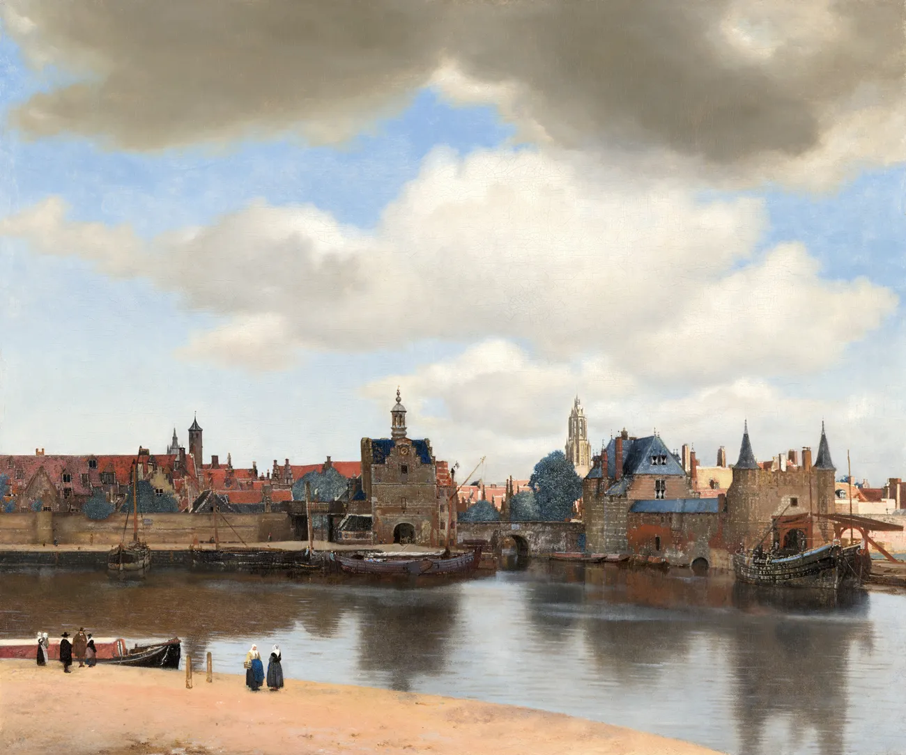 View of Delft, about ninety seven by one hundred and sixteen centimetres, one of only two outdoor pictures that survive. The town sits in a narrow band low in the canvas and two thirds of the picture is given to cloud. It brought two hundred guilders in 1696, the highest price of the twenty one Vermeers in that sale.