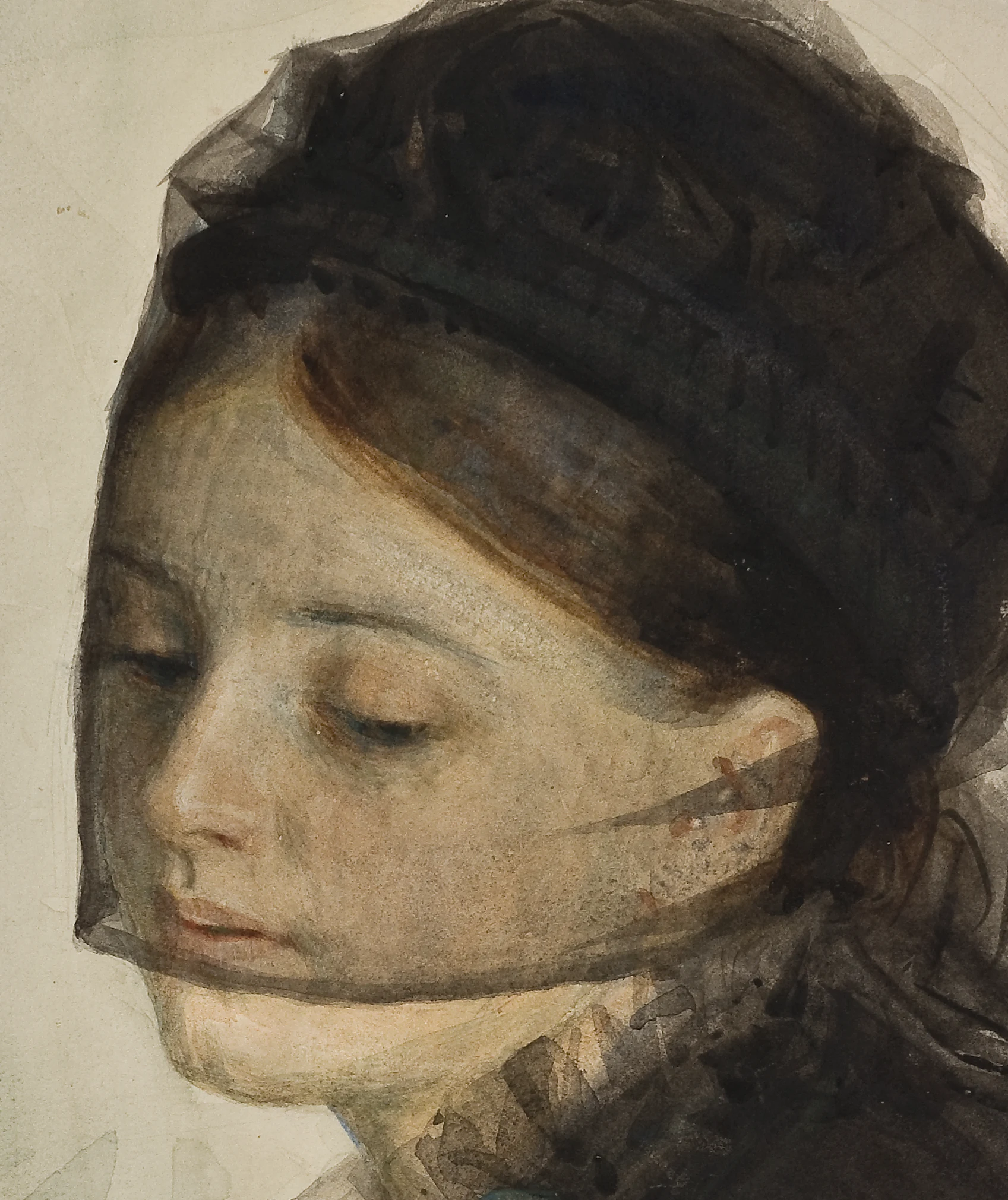 Detail of In Mourning: the black mourning veil is one transparent wash laid straight over the finished face, dark enough to read as gauze yet thin enough that the lit cheek and brow show through it. This is the watercolour Zorn made his name on.