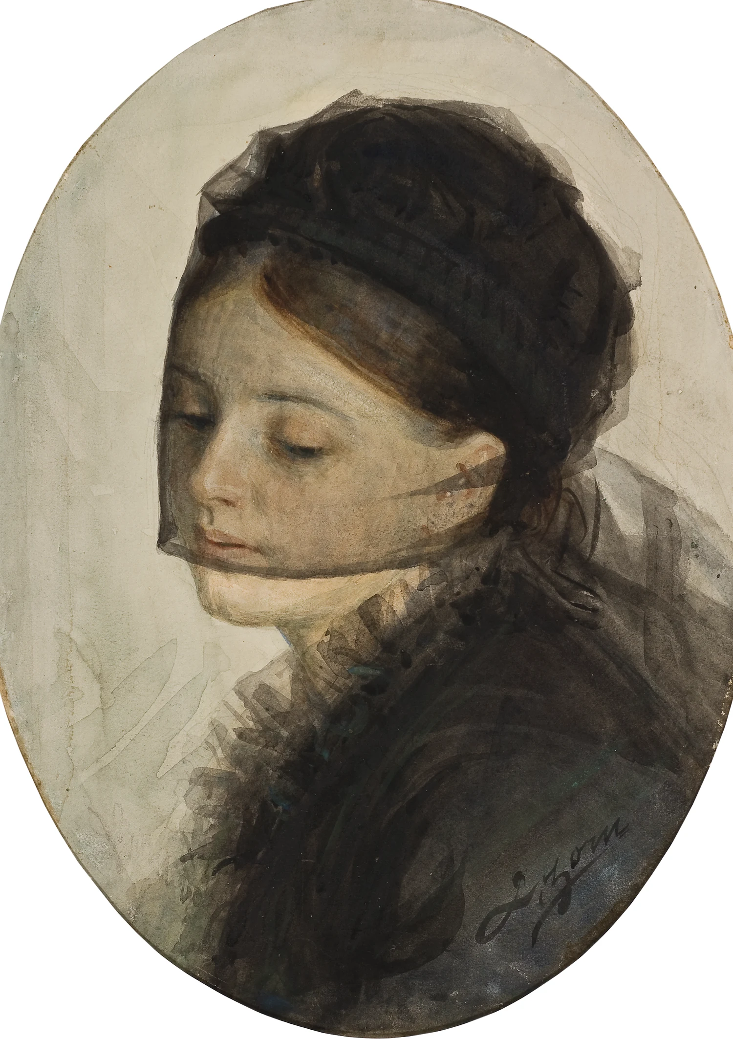 In Mourning, 1880: a young woman in a black mourning veil, the picture Zorn showed at the Academy students' exhibition that brought his first portrait commissions. He was twenty, and still working almost entirely in watercolour.