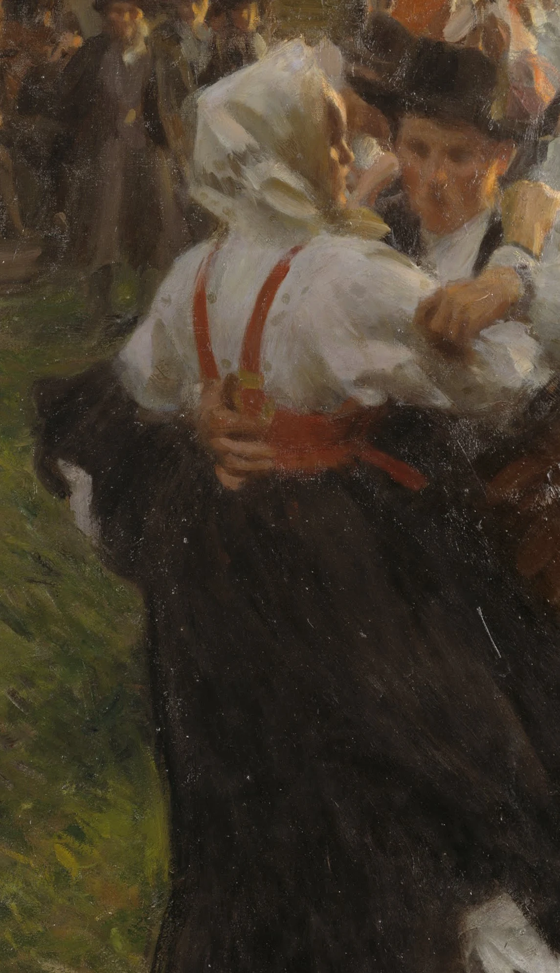 Detail of Midsummer Dance: in a field of white linen, black wool, and green grass, the one saturated note is the red of the braces and sash on the dancing woman, the single pure red spent where the eye should land.