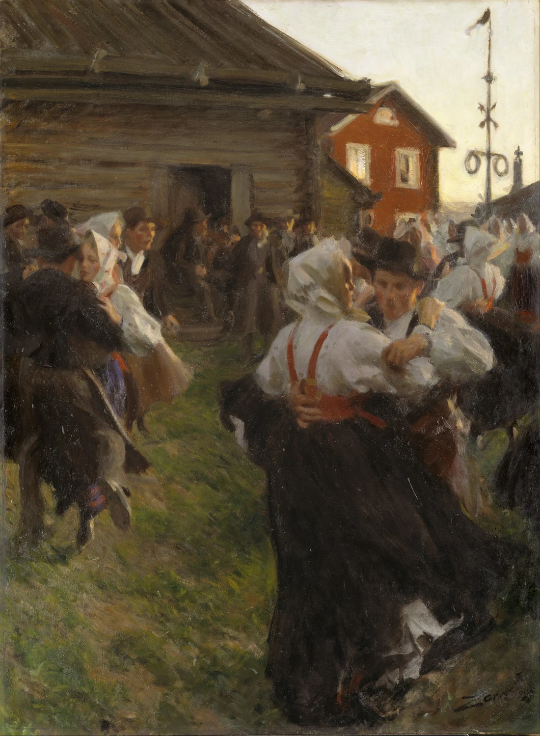 Midsummer Dance, oil, 1897: couples turning on the grass in the pale all-night light of a Swedish midsummer, the red cottage and the maypole behind them. The picture that fixed his reputation at home as the painter of Dalarna.