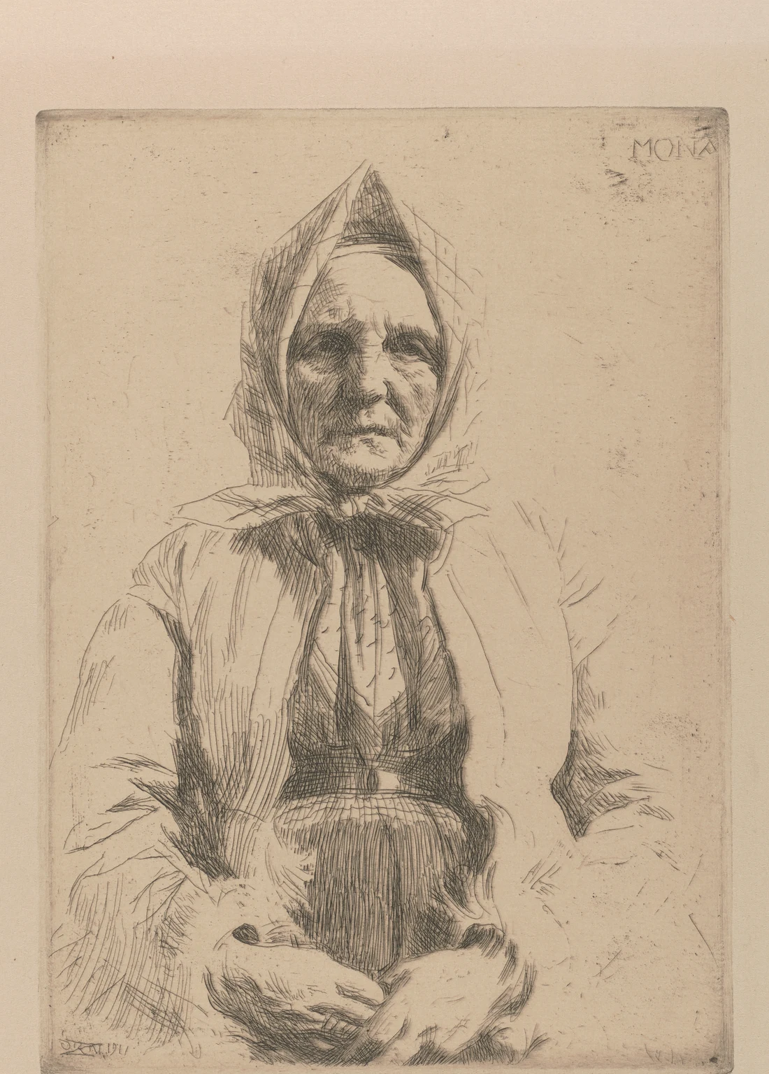 Mona, an etching of 1911: Zorn's mother, Grudd Anna Andersdotter, in a headscarf with her hands folded, the deeply lined old face built from close etched hatching against the bare paper. He learned to cut a line as a boy carving wood.