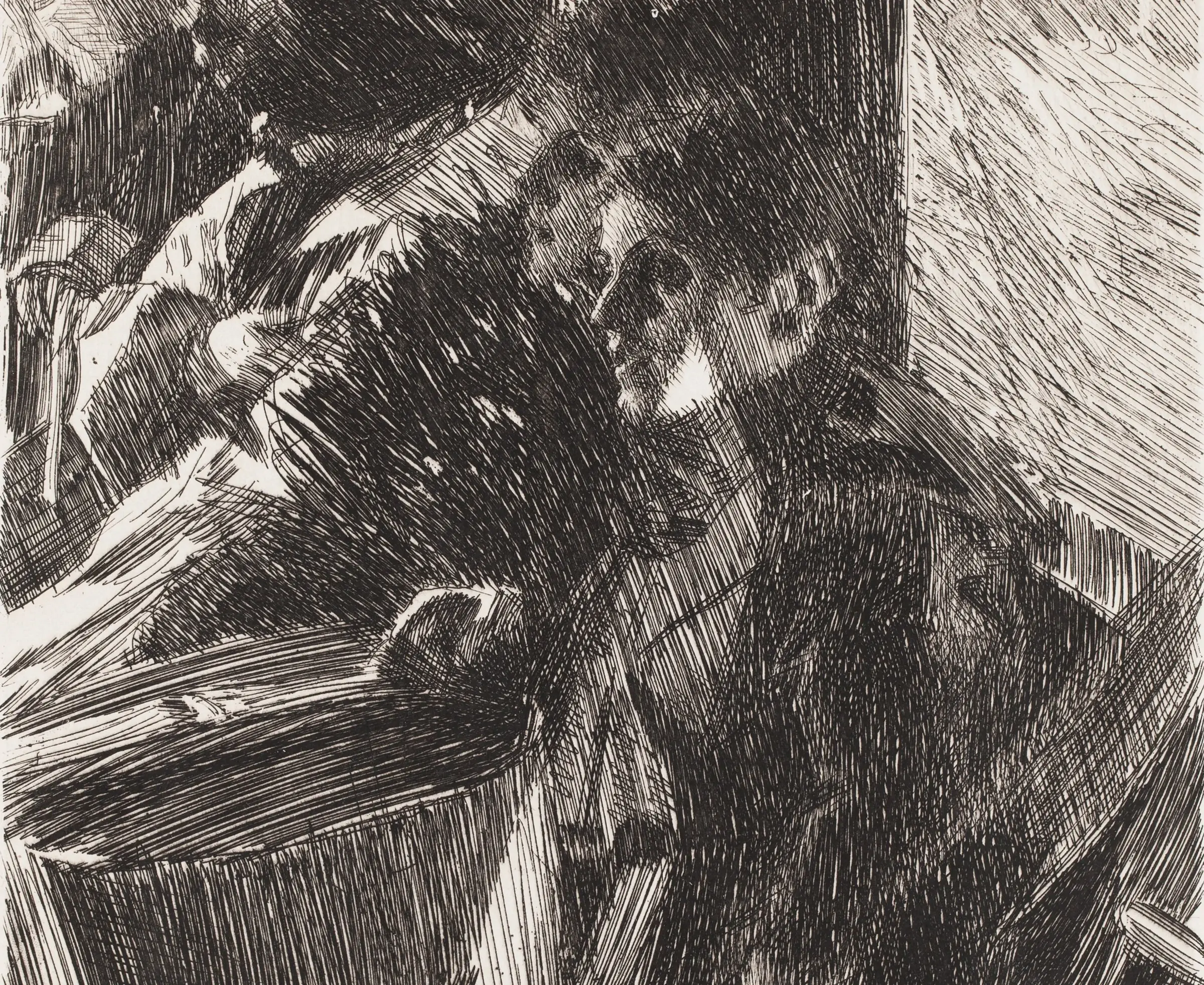 Detail of Omnibus: the whole car of passengers is built from nothing but etched lines, parallel strokes swelling into shadow and thinning toward the light, the faces found in the gaps left between the hatching. Zorn cut close to three hundred plates over his life.