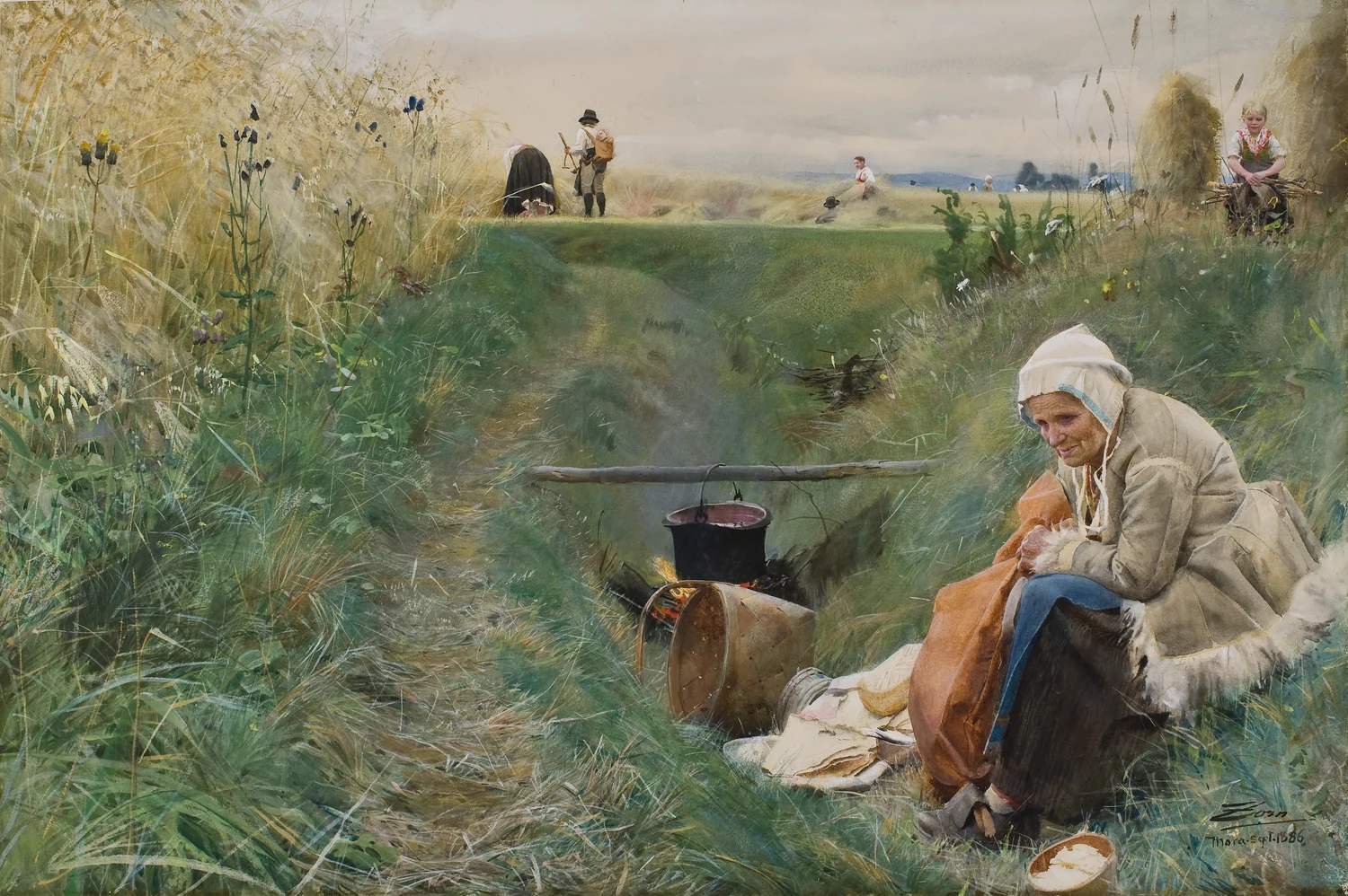 Our Daily Bread, 1886: an old woman tending a pot over a fire in a ditch while the harvest goes on behind her, a large and ambitious watercolour from the years before Zorn took up oil. He set out to paint the field and the ditch where he had played as a child.