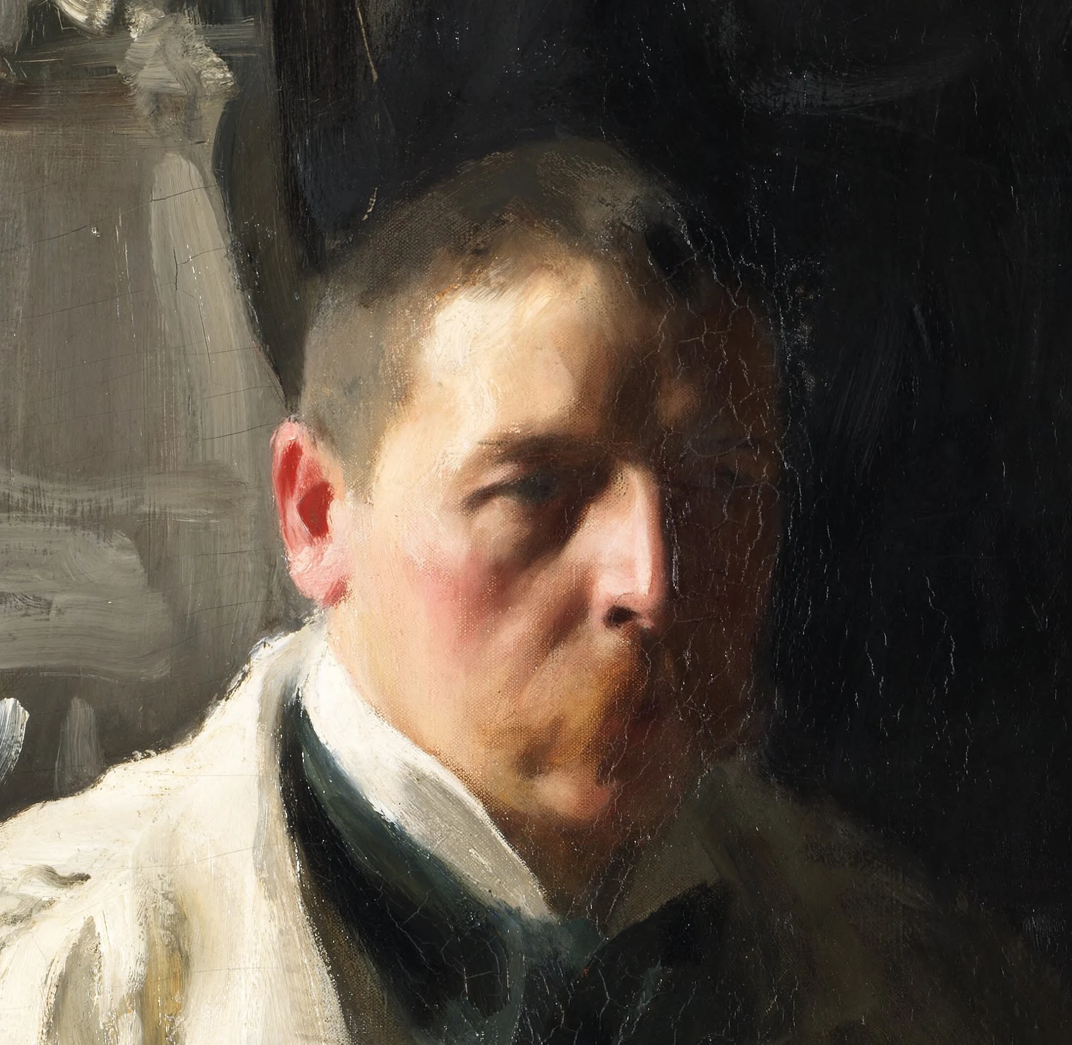 Detail of Self-Portrait with a Model: the face is built in placed strokes, the lit cheek and the shadow side set as separate touches with the transition stated rather than smoothed, the whole head carried on ochre, vermilion, black, and white.