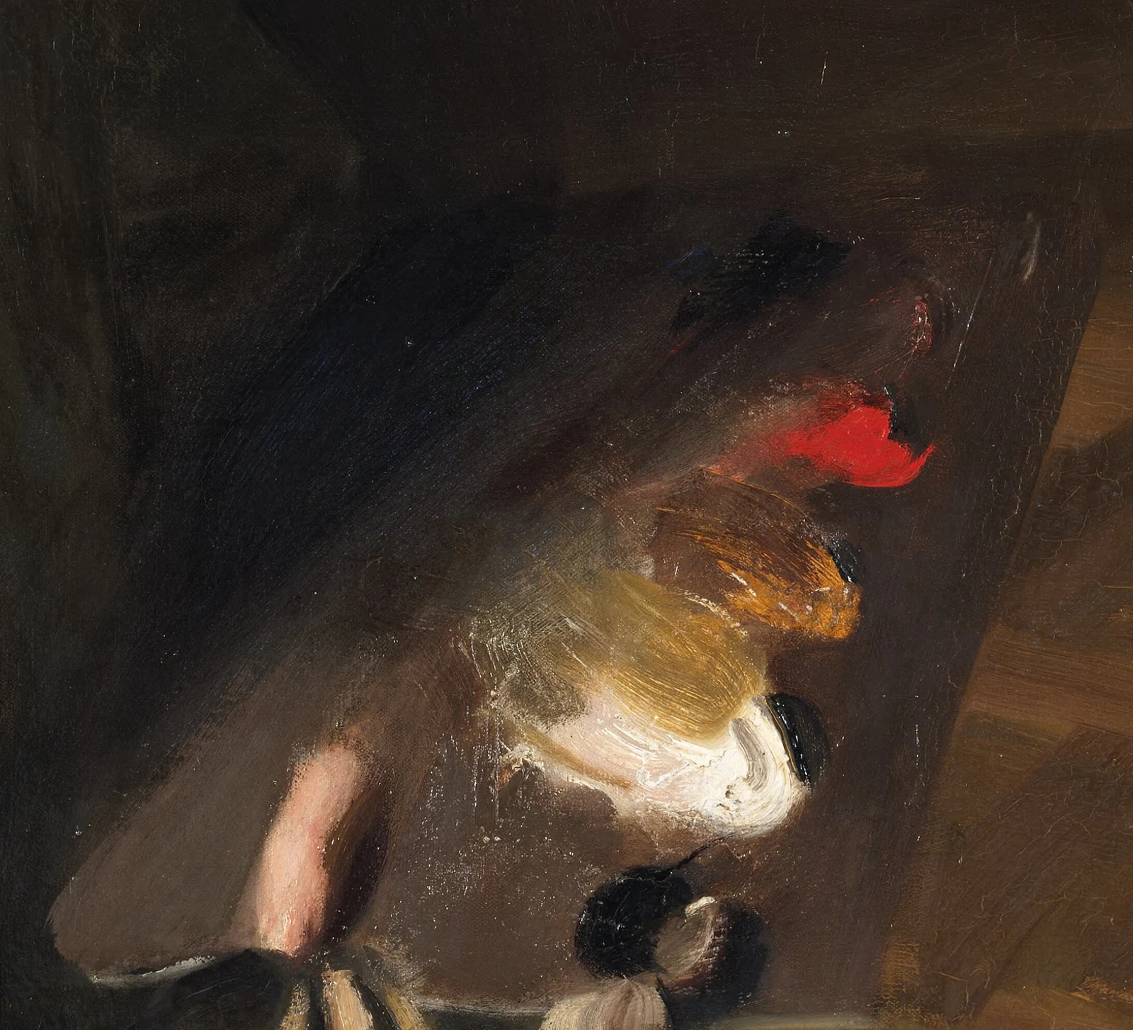 Detail of Self-Portrait with a Model: the palette he holds carries the whole argument, one bright note of vermilion, a pile of yellow ochre, black, and white, the four pigments the portraits were built from.