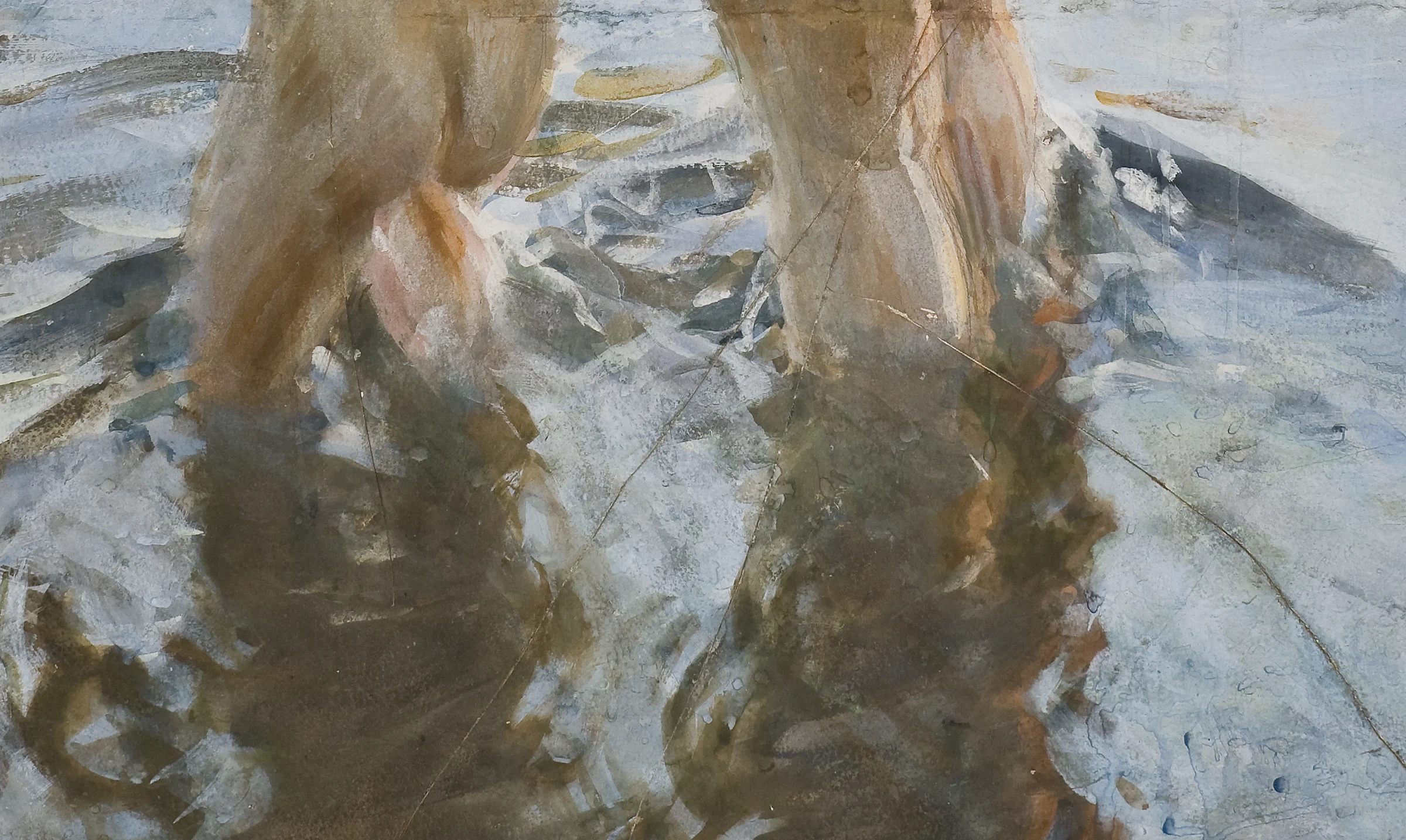 Detail of A Premiere: the shallow water is laid in broken strokes of grey, green, and warm brown, and the wading figures break into a wavering reflection under their feet. Reflection on moving water was a problem Zorn set himself again and again.