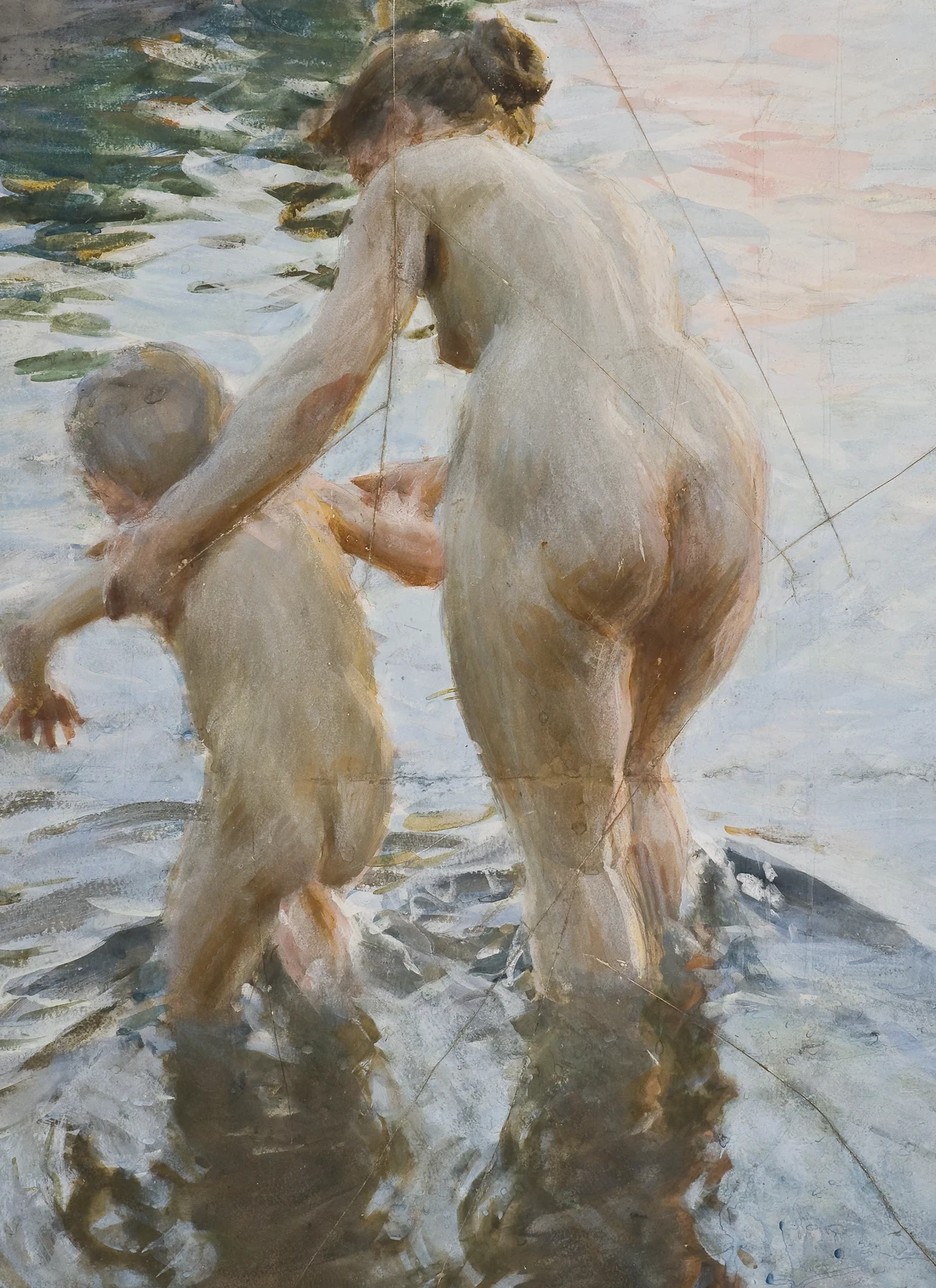 Une premiere, a watercolour of 1888: two figures wading out into a lake at dusk, the pink of the sky and the green of the deep water carried in transparent washes, the bare paper kept for the brightest skin. The reputation Zorn built first was as a watercolourist.