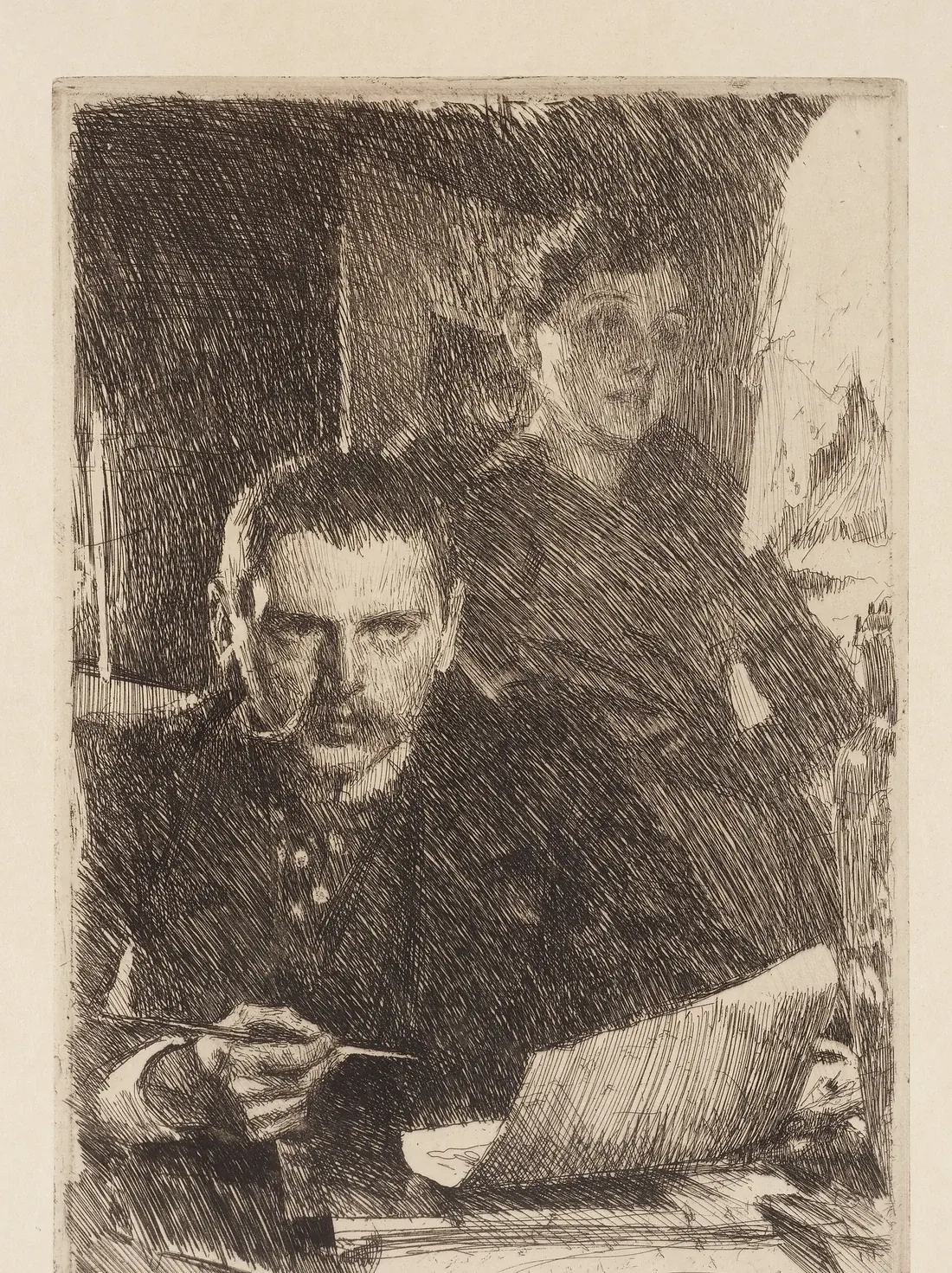 Zorn and His Wife, an etching of 1890: the painter in front with the needle still in his hand, his wife Emma behind him, the two of them cut out of a storm of parallel lines. Etching was the parallel craft he kept up his whole life.